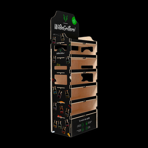 WildeGrillerei Holz Verkaufsdisplay bestückt Modell 3: Geschenksets, Geschmackswelten, BBQ & Scharf