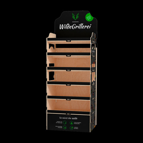 WildeGrillerei Holz Verkaufsdisplay bestückt Modell 4: Alles drin für einen Grillmoment!