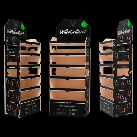 WildeGrillerei Holz Verkaufsdisplay bestückt Modell 3: Geschenksets, Geschmackswelten, BBQ & Scharf