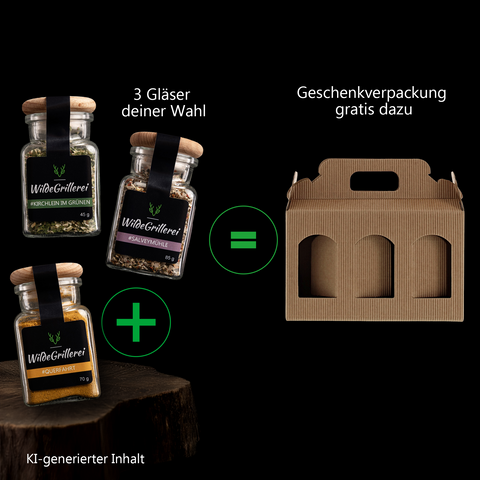 Drei Gewürzgläser nach Wahl plus Geschenkverpackung gratis dazu