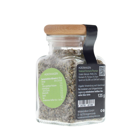 #GRÜNHAGEN - Steaksalz Rosmarin/Thymian Glas mit Holzdeckel 125g MHD