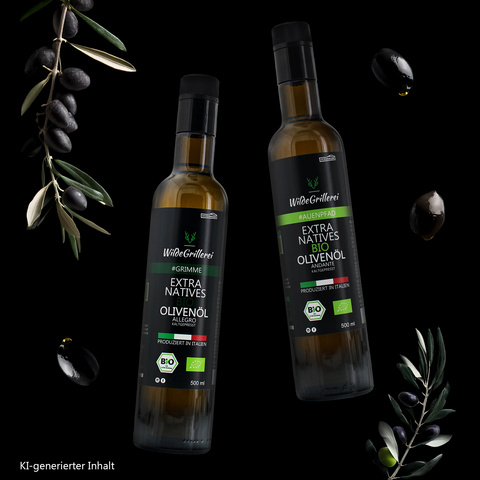 Zwei Flaschen Bio-Olivenöl mit Olivenzweigen auf schwarzem Hintergrund als Startbild
