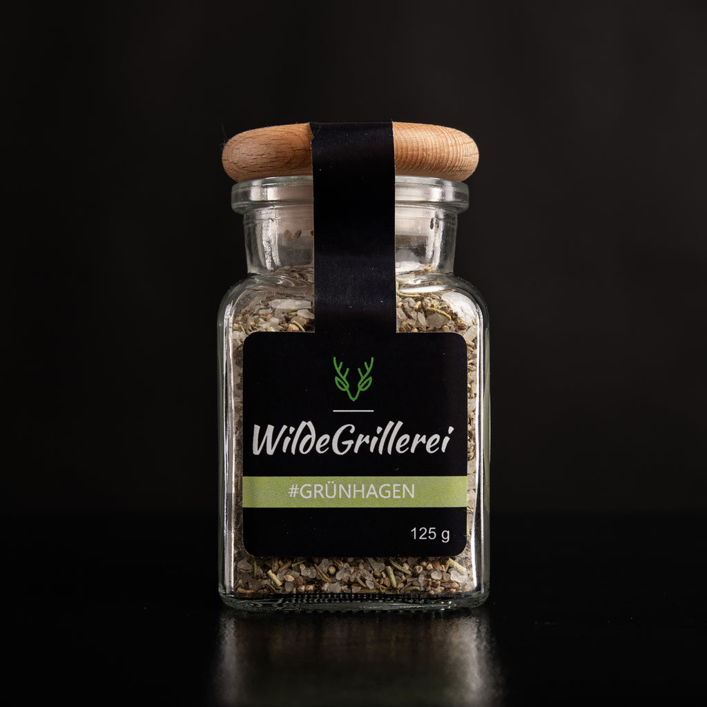 #GRÜNHAGEN - Steaksalz Rosmarin/Thymian Glas mit Holzdeckel 125g MHD