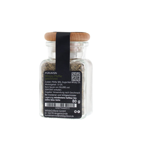 Whisky-Pfeffer geschrotet - #GRUMSIN -Glas mit Holzdeckel 80g MHD