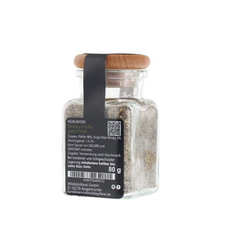 Whisky-Pfeffer geschrotet - #GRUMSIN -Glas mit Holzdeckel 80g MHD