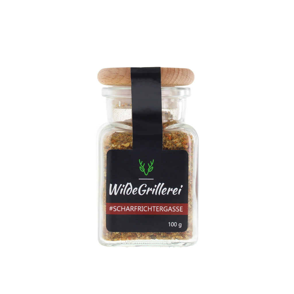 scharfe Gewürzmischung - #SCHARFRICHTERGASSE - Glas mit Holzdeckel 100g MHD