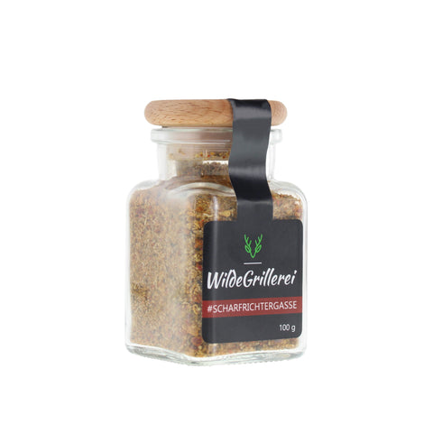 scharfe Gewürzmischung - #SCHARFRICHTERGASSE - Glas mit Holzdeckel 100g MHD