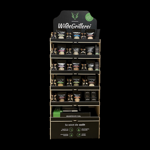 WildeGrillerei Holz Verkaufsdisplay bestückt Modell 1: Salz, Pfeffer, Kräuter & Süß