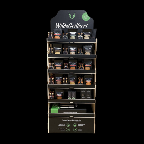 WildeGrillerei Holz Verkaufsdisplay bestückt Modell 2: Geschmackswelten, BBQ & Scharf