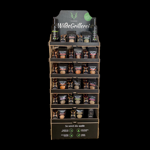 WildeGrillerei Holz Verkaufsdisplay bestückt Modell 4: Alles drin für einen Grillmoment!