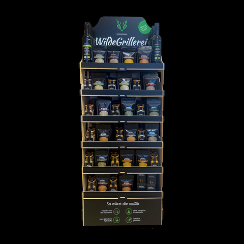 WildeGrillerei Holz Verkaufsdisplay bestückt Modell: 5 - Regional. Natürlich. Bio.